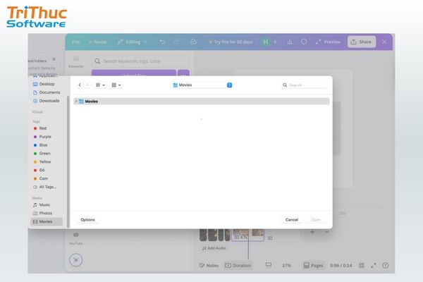 Tải video từ máy tính lên Canva qua mục Uploads
