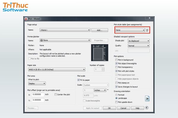 Mở hộp thoại Plot Style Table để điều chỉnh cách hiển thị và độ dày đường nét khi in bản vẽ ra giấy