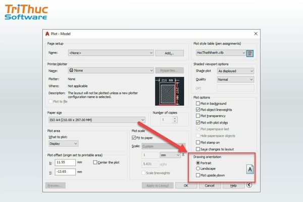 Thiết lập Drawing Orientation trong AutoCAD để chọn hướng in phù hợp