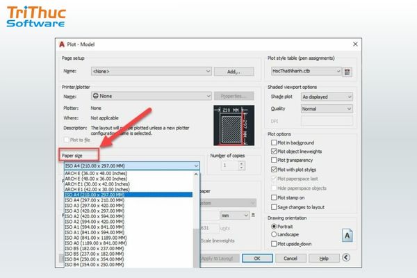 Chọn Paper Size A4 trong AutoCAD (ISO A4 hoặc ISO Full Bleed A4)