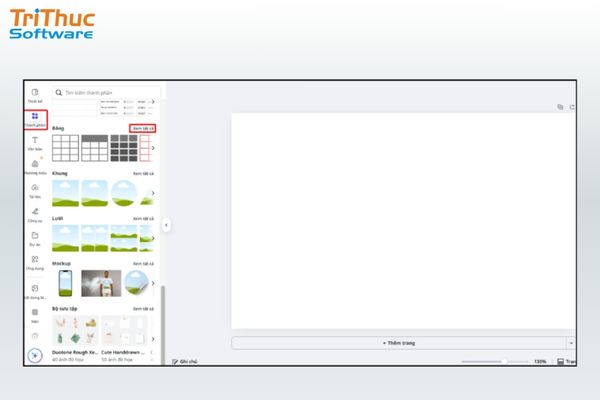 Chọn mục Thành phần để tìm bảng
