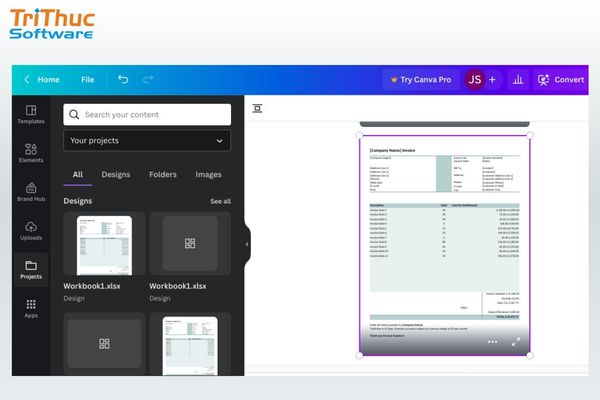 Chèn bảng từ Excel trên Canva